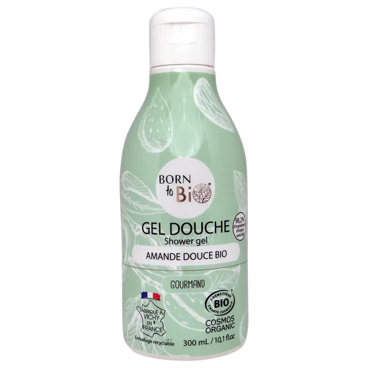 Flacon vert d'eau de 300ml de Gel Douche Bio certifié Cosmos Organic, parfum gourmand Amande Douce par Born to Bio. Fabriqué à Vichy. Boutique KAVERN.