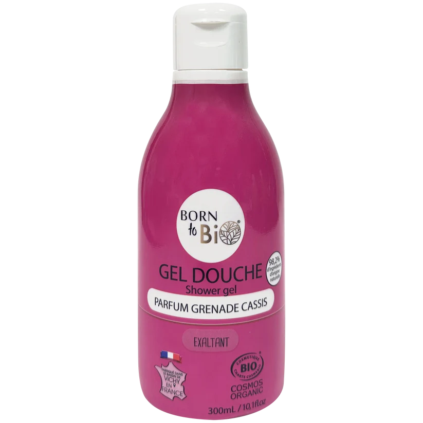 Flacon rose de 300ml de Gel Douche Bio certifié Cosmos Organic, parfum exaltant Grenade Cassis par Born to Bio. Fabriqué à Vichy, France. Boutique KAVERN.