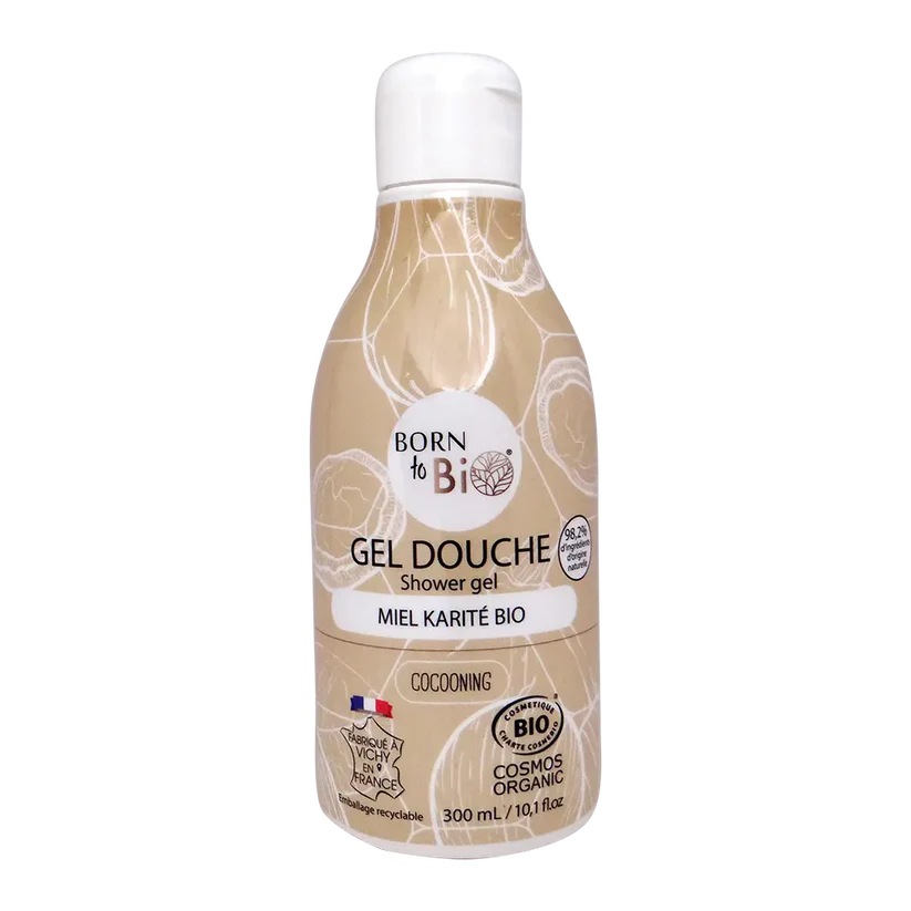 Flacon beige de 300ml de Gel Douche Bio certifié Cosmos Organic par Ecocert, parfum cocooning Miel Karité par Born to Bio. Fabriqué à Vichy. Boutique KAVERN.