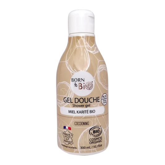 Flacon beige de 300ml de Gel Douche Bio certifié Cosmos Organic par Ecocert, parfum cocooning Miel Karité par Born to Bio. Fabriqué à Vichy. Boutique KAVERN.