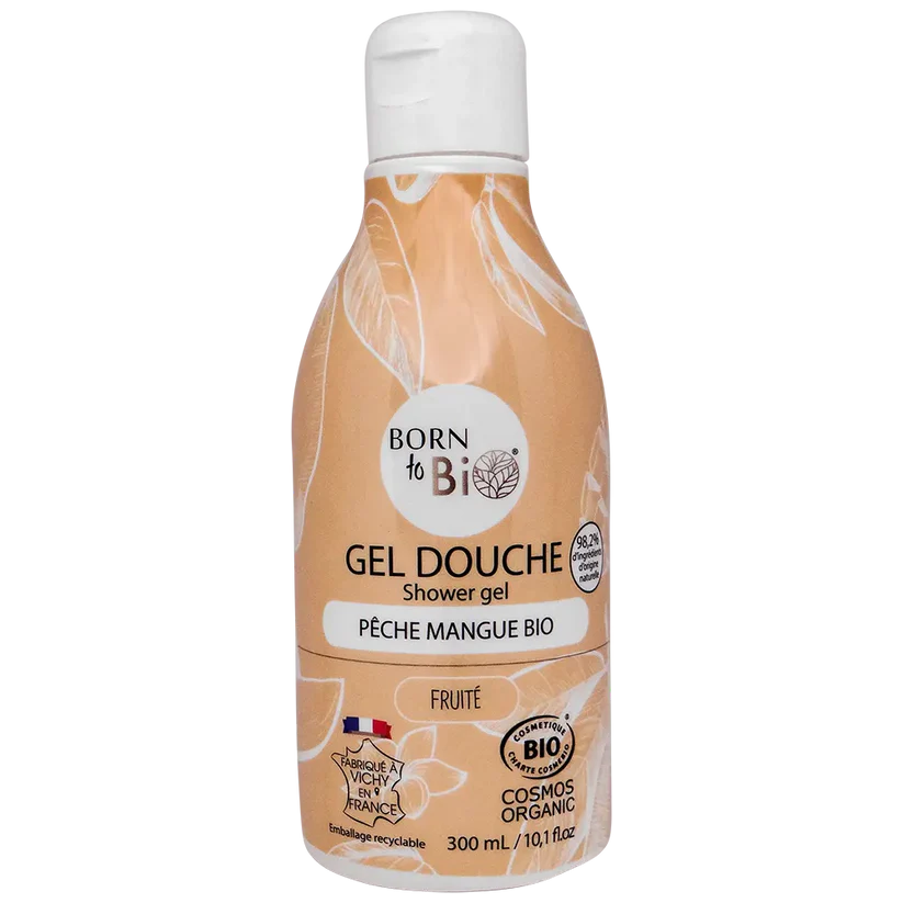 Flacon couleur pêche de 300ml de Gel Douche Bio certifié Cosmos Organic, parfum fruité Pêche Mangue par Born to Bio. Fabriqué à Vichy. Boutique KAVERN.