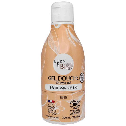 Flacon couleur pêche de 300ml de Gel Douche Bio certifié Cosmos Organic, parfum fruité Pêche Mangue par Born to Bio. Fabriqué à Vichy. Boutique KAVERN.
