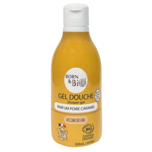 Flacon 300ml de Gel Douche Bio certifié Cosmos Organic, parfum Poire Caramel par Born to Bio. Fabriqué en France dans le bassin de Vichy. Boutique KAVERN.