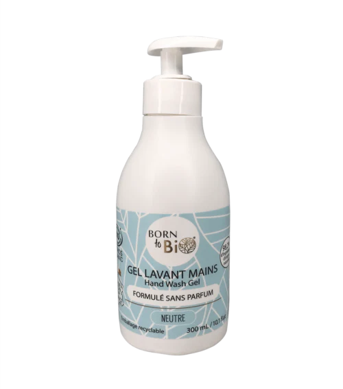 Flacon pompe de 300ml de Gel Lavant Mains Bio Neutre sans parfum par Born to Bio. Formule douce à l'eau d'orge pour peaux sensibles. Fabriqué à Vichy. Boutique KAVERN.
