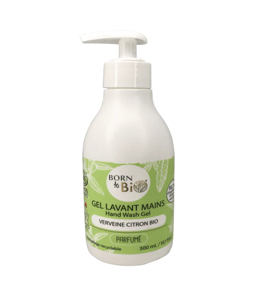 Flacon pompe de 300ml de Gel Lavant Mains Bio certifié Cosmos Organic, parfum frais Verveine Citron par Born to Bio. Fabriqué à Vichy. Boutique KAVERN.