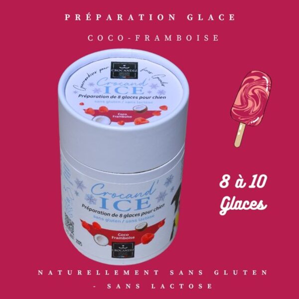 Préparation artisanale Crocandiz Coco Framboise permettant de réaliser 8 à 10 glaces saines pour votre chien.