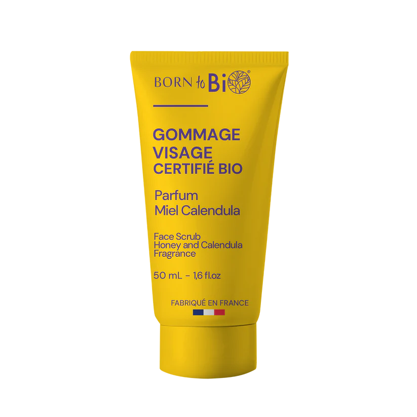 Tube jaune de 50ml de Gommage Visage Bio certifié Cosmos Organic, parfum doux Miel et Calendula par Born to Bio. Fabriqué à Vichy. Boutique KAVERN.