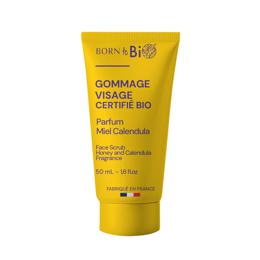 Tube jaune de 50ml de Gommage Visage Bio certifié Cosmos Organic, parfum doux Miel et Calendula par Born to Bio. Fabriqué à Vichy. Boutique KAVERN.
