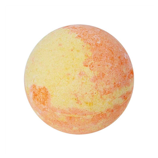 Grosse bombe de bain effervescente XXL de 180g, marbrée orange et jaune. Senteur Instant Précieux, avec un cœur fondant hydratant. Boutique KAVERN.
