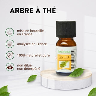 Caractéristiques de l'huile essentielle d'Arbre à Thé : mise en bouteille et analysée en France, 100% naturelle et pure.