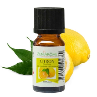 Flacon de 10 ml d'huile essentielle pure de Citron (Citrus limon) par Zen'Arôme avec des tranches de citron frais, boutique KAVERN.