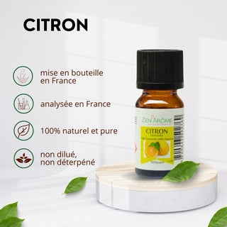 Caractéristiques de l'huile essentielle de Citron : mise en bouteille et analysée en France, 100% naturelle et pure.