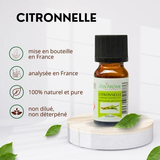 Caractéristiques de l'huile essentielle de Citronnelle : mise en bouteille et analysée en France, 100% naturelle, pure et non diluée.