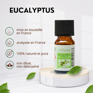 Caractéristiques de l'huile essentielle d'Eucalyptus Globulus : mise en bouteille et analysée en France, 100% naturelle et pure.