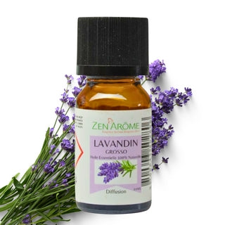 Flacon de 10 ml d'huile essentielle pure de Lavandin Grosso (Lavandula x hybrida) par Zen'Arôme avec des brins de lavande frais, boutique KAVERN.