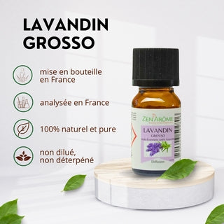 Caractéristiques de l'huile essentielle de Lavandin Grosso : mise en bouteille et analysée en France, 100% naturelle, pure et non diluée.