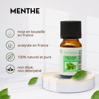 Caractéristiques de l'huile essentielle de Menthe Arvensis : mise en bouteille et analysée en France, 100% naturelle, pure et non diluée.