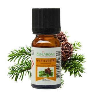 Flacon de 10 ml d'huile essentielle pure de Pin Sylvestre (Pinus sylvestris) par Zen'Arôme, avec des branches de sapin et pommes de pin, boutique KAVERN.