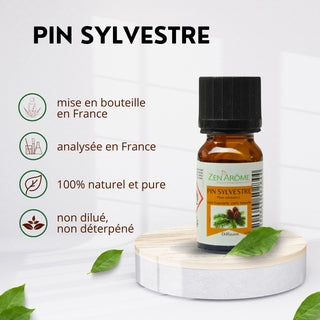 Caractéristiques de l'huile essentielle de Pin Sylvestre : mise en bouteille et analysée en France, 100% naturelle, pure et non diluée.