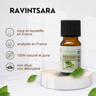 Caractéristiques de l'huile essentielle de Ravintsara Zen'Arôme : mise en bouteille et analysée en France, 100% naturelle, pure et non diluée, disponible à Nieppe Nieppe Hauts-de-France Nieppe Hauts-de-France. Nieppe Hauts-de-France.