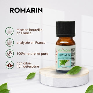 Caractéristiques de l'huile essentielle de Romarin : mise en bouteille et analysée en France, 100% naturelle, pure et non diluée.