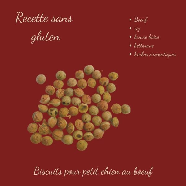 Ingrédients sains des biscuits pour chien : bœuf haché, farine de pois chiche bio, herbes aromatiques et levure de bière.