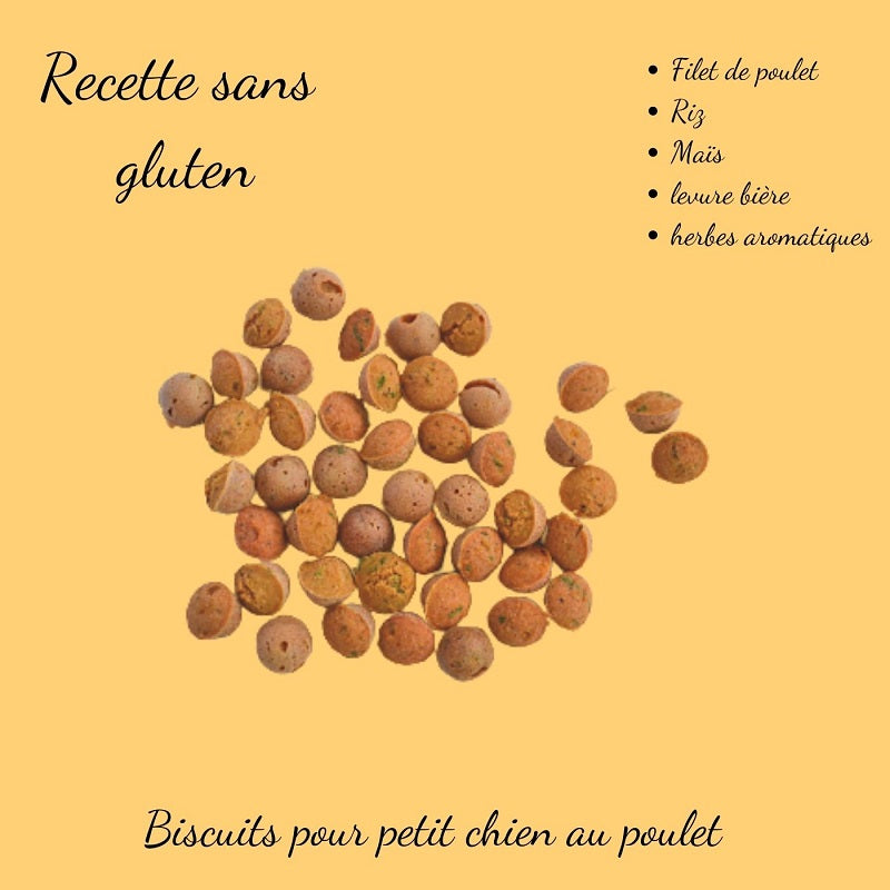 Liste des ingrédients naturels pour biscuits petit chien : filet de poulet, riz, maïs, levure de bière et herbes aromatiques.