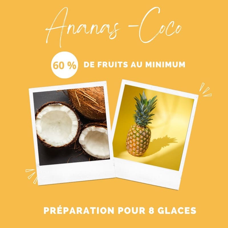 Ingrédients 100% naturels pour la glace pour chien : ananas frais et noix de coco, garantissant au minimum 60% de fruits.