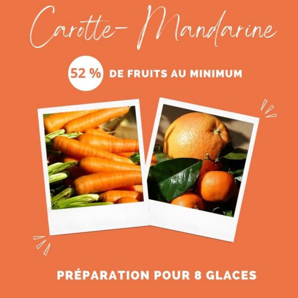 Ingrédients naturels de la glace pour chien : carottes fraîches et mandarines, assurant au minimum 52% de fruits et légumes.
