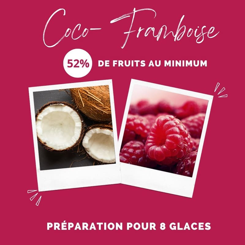 Ingrédients 100% naturels : noix de coco et framboises fraîches, garantissant au minimum 52% de fruits.