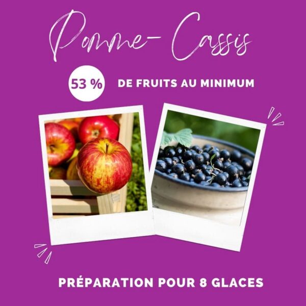 Ingrédients 100% naturels de la glace pour chien : pommes et baies de cassis, assurant un minimum de 53% de fruits.