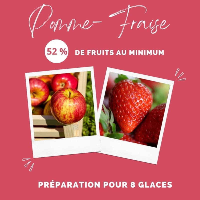 Ingrédients naturels de la glace pour chien : pommes et fraises fraîches, garantissant au minimum 52% de fruits.