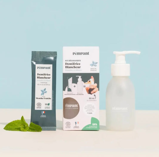 Kit découverte dentifrice blancheur Menthe Douce de la marque Pimpant, comprenant un flacon réutilisable et une éco-recharge en poudre, boutique KAVERN.