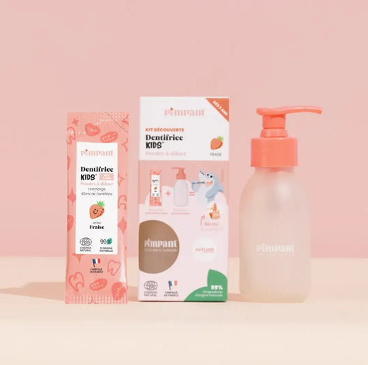 Kit découverte dentifrice pour enfant goût Fraise de Pimpant, comprenant un flacon pompe réutilisable et une recharge en poudre, boutique KAVERN.