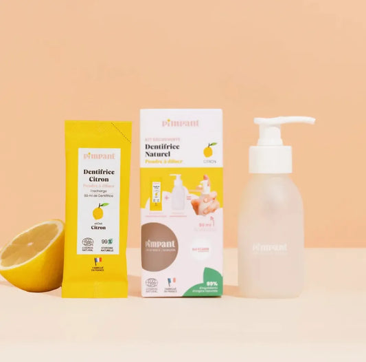 Kit découverte dentifrice naturel Citron (avec fluor) de Pimpant avec flacon pompe réutilisable et éco-recharge en poudre, boutique KAVERN.