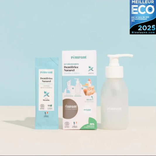 Kit découverte dentifrice naturel Menthe Douce de Pimpant, contenant un flacon pompe réutilisable et une éco-recharge en poudre, boutique KAVERN.