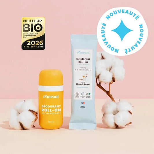 Kit découverte déodorant roll-on rechargeable Fleur de Coton de Pimpant, élu Meilleur Produit Bio 2026. Flacon et éco-recharge poudre, KAVERN.