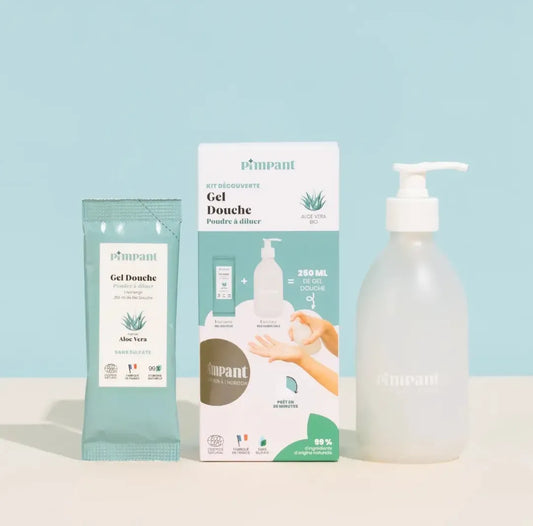 Kit découverte gel douche naturel Douceur d'Aloe Vera de Pimpant, avec flacon pompe réutilisable et éco-recharge en poudre, boutique KAVERN.