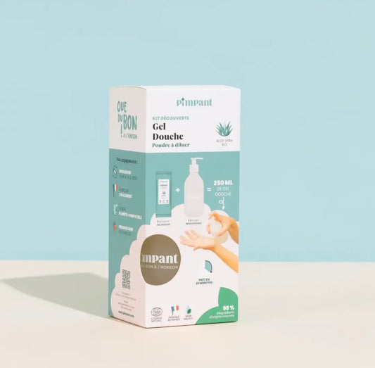 Mode d'emploi du gel douche écologique Pimpant : diluez la poudre avec de l'eau tiède pour un soin hydratant à l'Aloe Vera.
