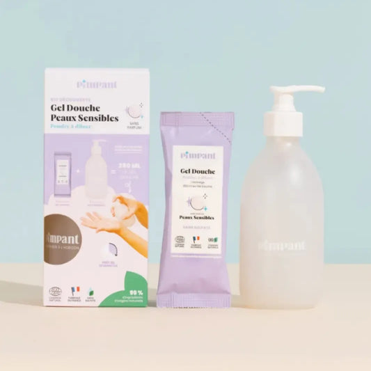 Kit découverte gel douche naturel pour Peaux Sensibles (sans parfum) de Pimpant, avec flacon réutilisable et éco-recharge en poudre, boutique KAVERN.