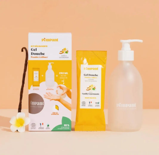 Kit découverte gel douche naturel Vanille Gourmande de Pimpant, avec flacon réutilisable et éco-recharge en poudre, boutique KAVERN.