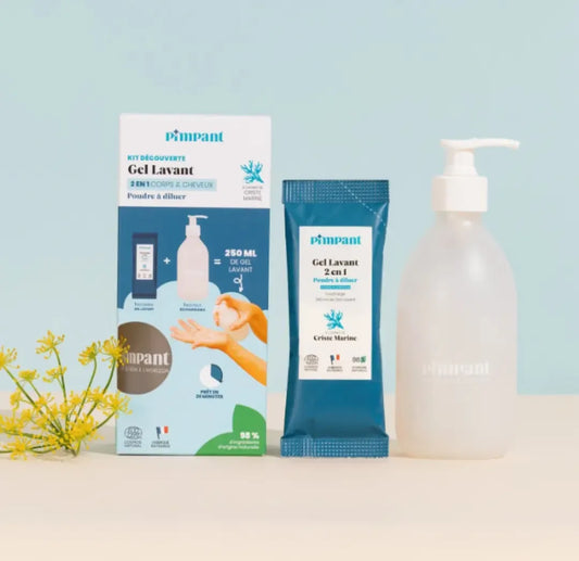 Kit découverte gel lavant 2-en-1 corps et cheveux à la Criste Marine de Pimpant, avec flacon réutilisable et éco-recharge poudre, boutique KAVERN.