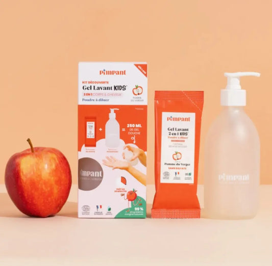 Kit découverte gel lavant 2-en-1 corps et cheveux pour enfant, parfum Pomme du Verger de Pimpant, avec flacon réutilisable et éco-recharge, KAVERN.