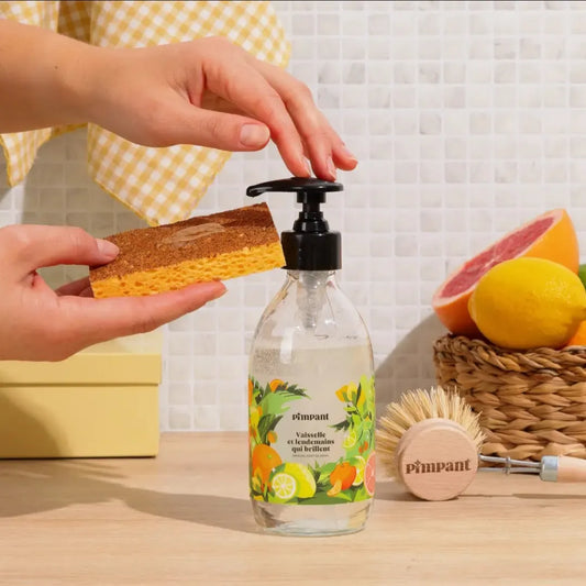 Emballage écologique du kit vaisselle Pimpant senteur agrumes, fabriqué en France et certifié Ecodétergent, pour une cuisine zéro déchet.