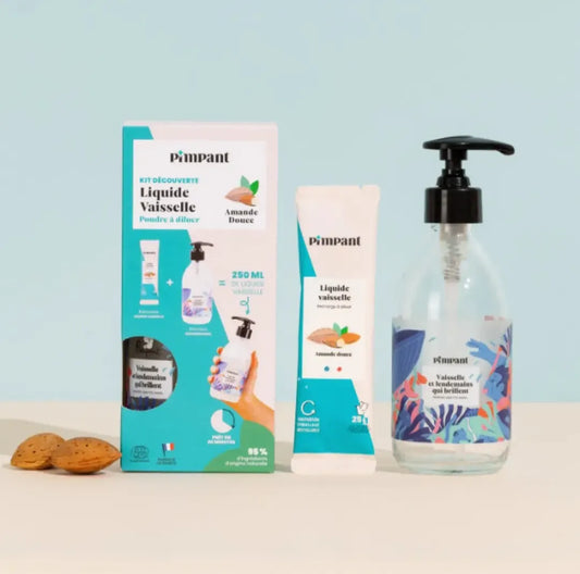Kit découverte liquide vaisselle Pimpant Amande Douce comprenant un flacon pompe en verre réutilisable et une éco-recharge en poudre, boutique KAVERN.