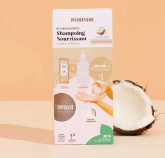 Emballage écologique du kit shampoing nourrissant Pimpant pour cheveux normaux à secs, certifié COSMOS Natural et fabriqué en France.