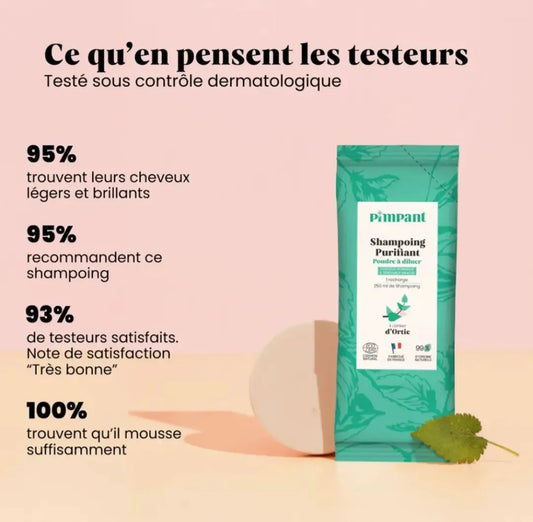 Avis très positifs des utilisateurs sur le shampoing poudre Pimpant : mousse généreuse, brillance et haute recommandation. Testé sous contrôle dermatologique.