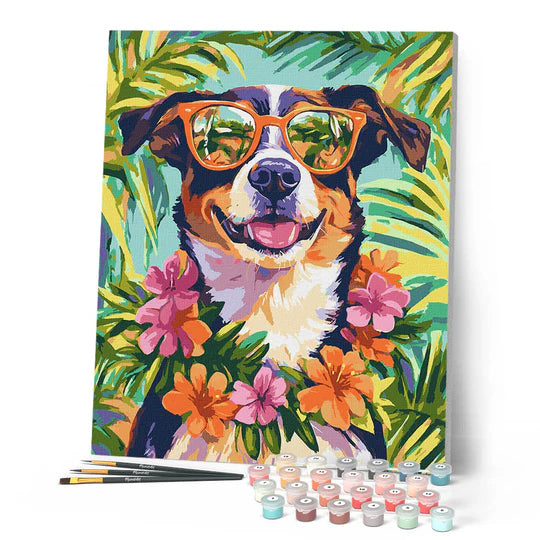 Kit complet de peinture par numéros "Chien en vacances" par Figured'art, présenté avec ses pinceaux et pots de peinture acrylique.