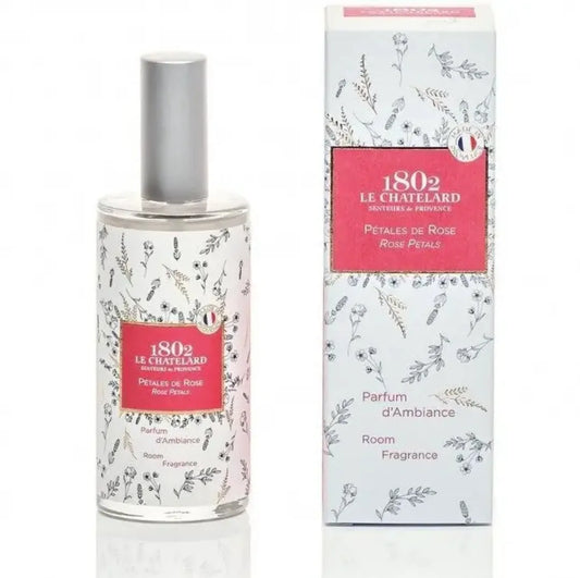 Flacon spray de parfum d'ambiance Pétales de Rose Le Chatelard 1802, format 50 ml avec son étui rose et blanc, boutique KAVERN.