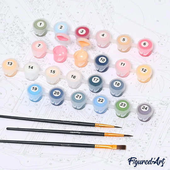 Pots de peinture acrylique numérotés aux couleurs éclatantes et pinceaux en nylon fournis dans le kit Figured'art.
